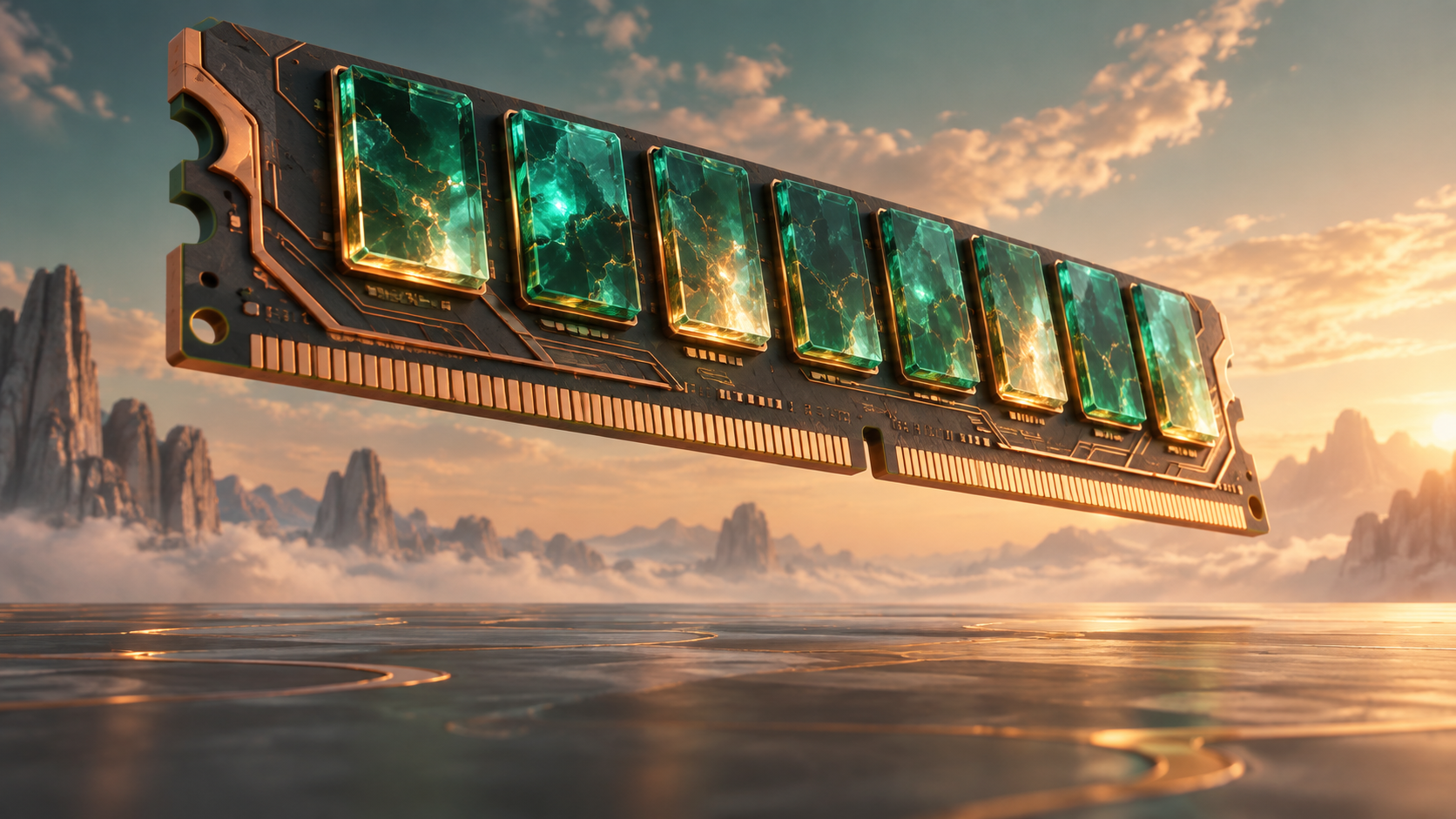 Conceptual copper memory module with emerald crystal data tiles, floating above an abstract landscape.