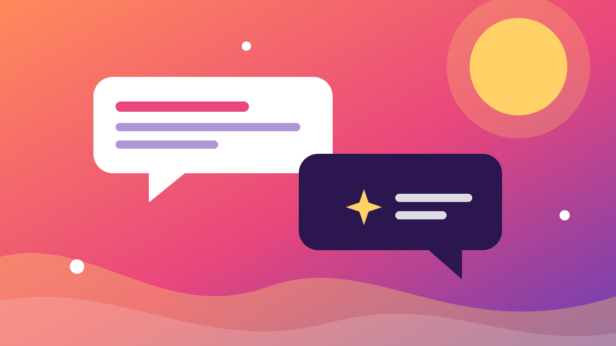 Two speech bubbles, one with a sparkle, on a coral and purple sunset gradient