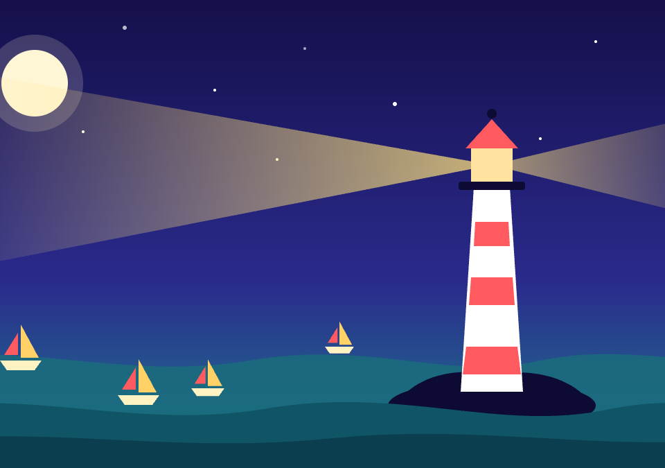 Striped lighthouse at night sweeping its beam across sailboats on a dark teal sea