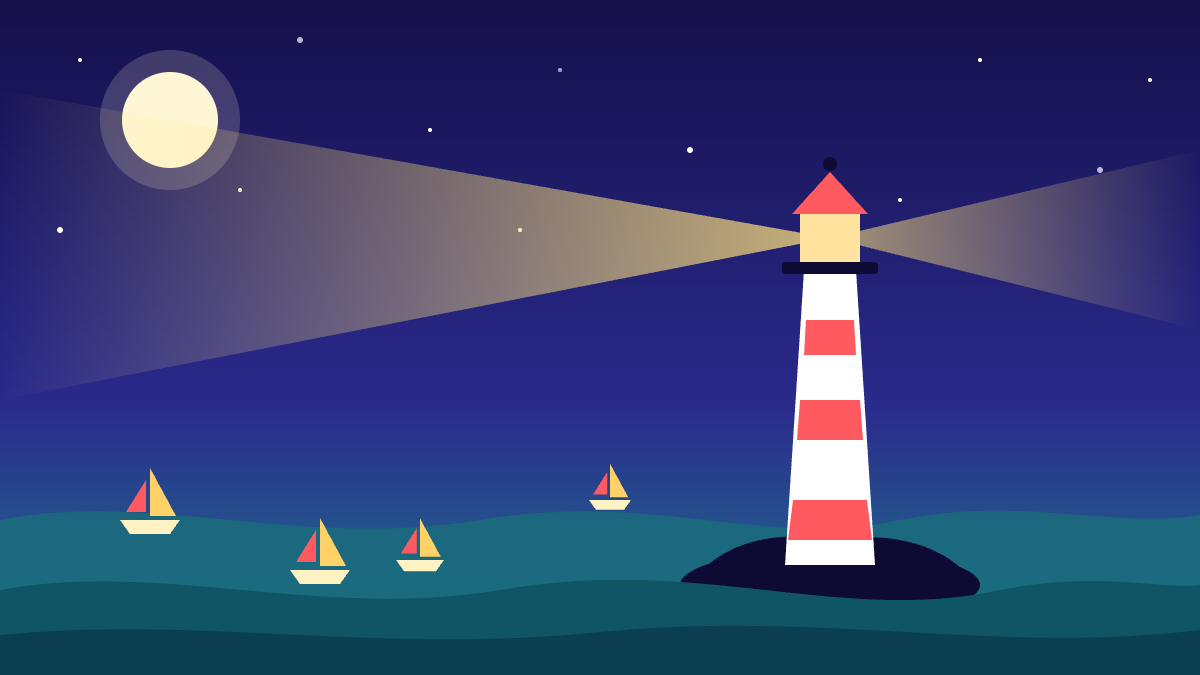 Striped lighthouse at night sweeping its beam across sailboats on a dark teal sea