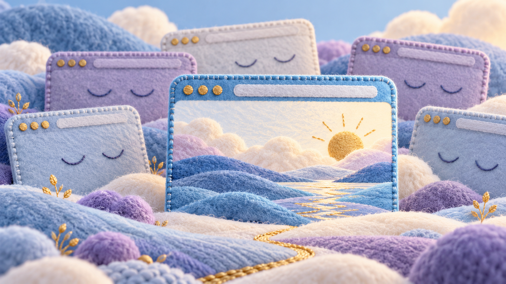 Blue and lavender embroidered browser panels resting behind one active panel.