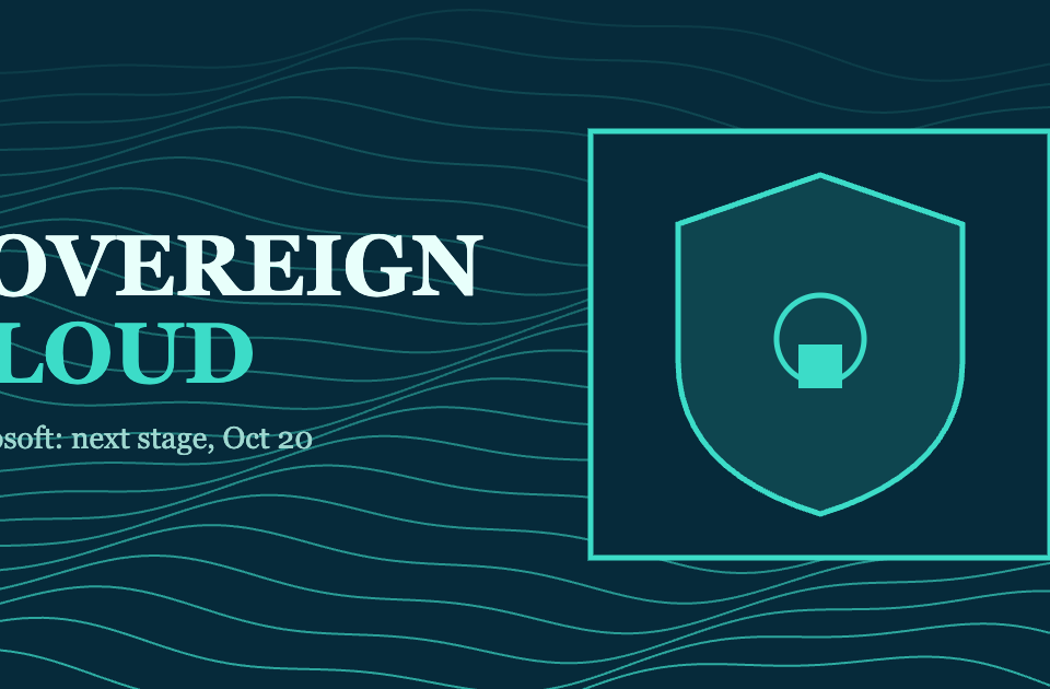 Teal topographic map lines with a shield and padlock and text Sovereign Cloud, Microsoft next stage Oct 20