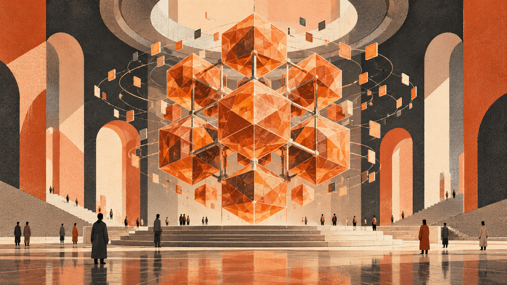 Screenprint illustration of an orange modular AI lattice surrounded by abstract code tiles.
