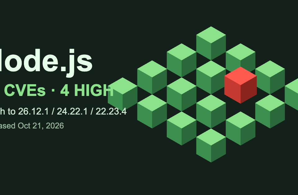 Dark green isometric cube grid with one red cube and text Node.js 10 CVEs 4 HIGH patch to 26.12.1, 24.22.1, 22.23.4