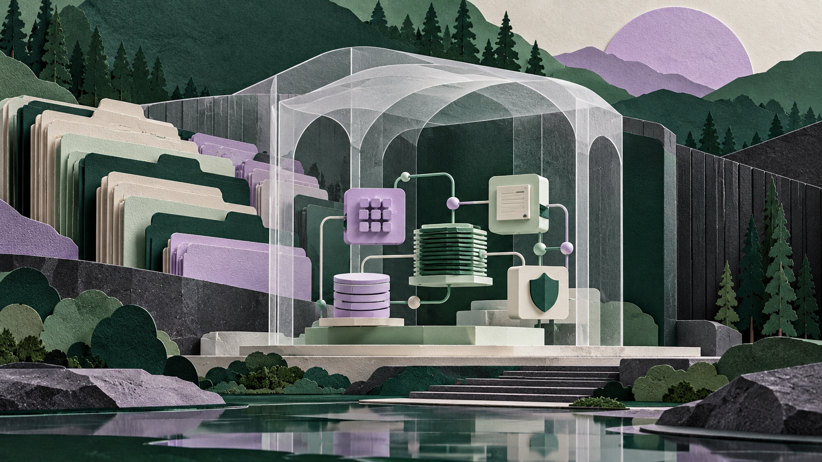 Paper-cut archive folders and workflow modules inside a green and lilac protective enclosure.