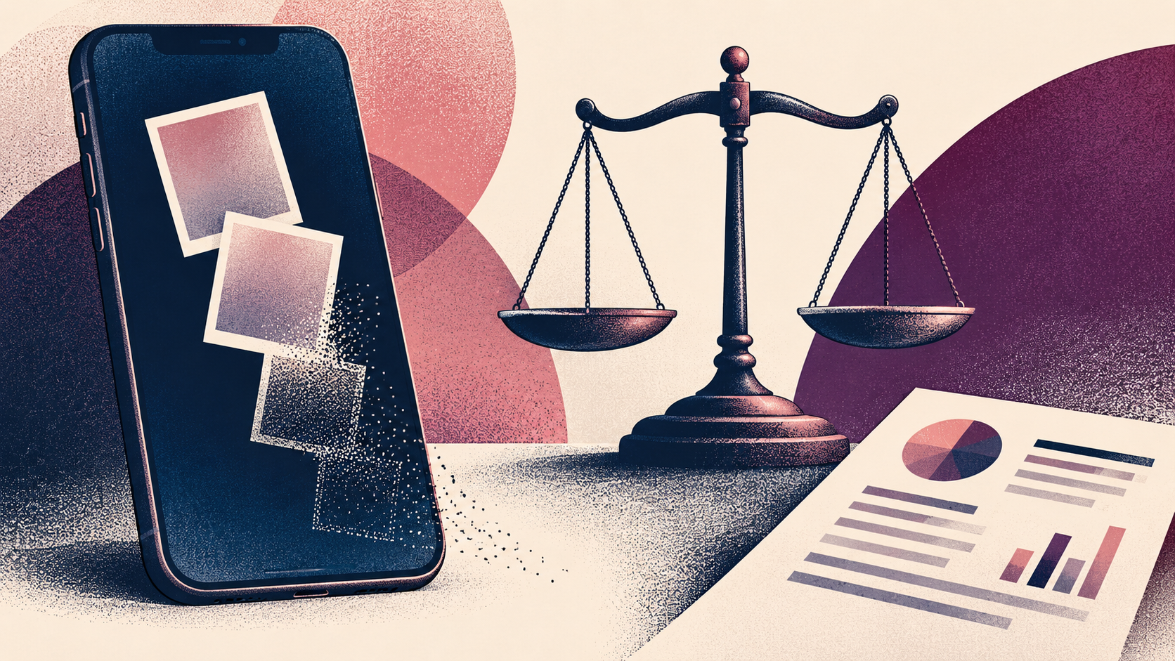 Stippled navy and rose illustration of fading photo cards, a smartphone and a balanced scale.