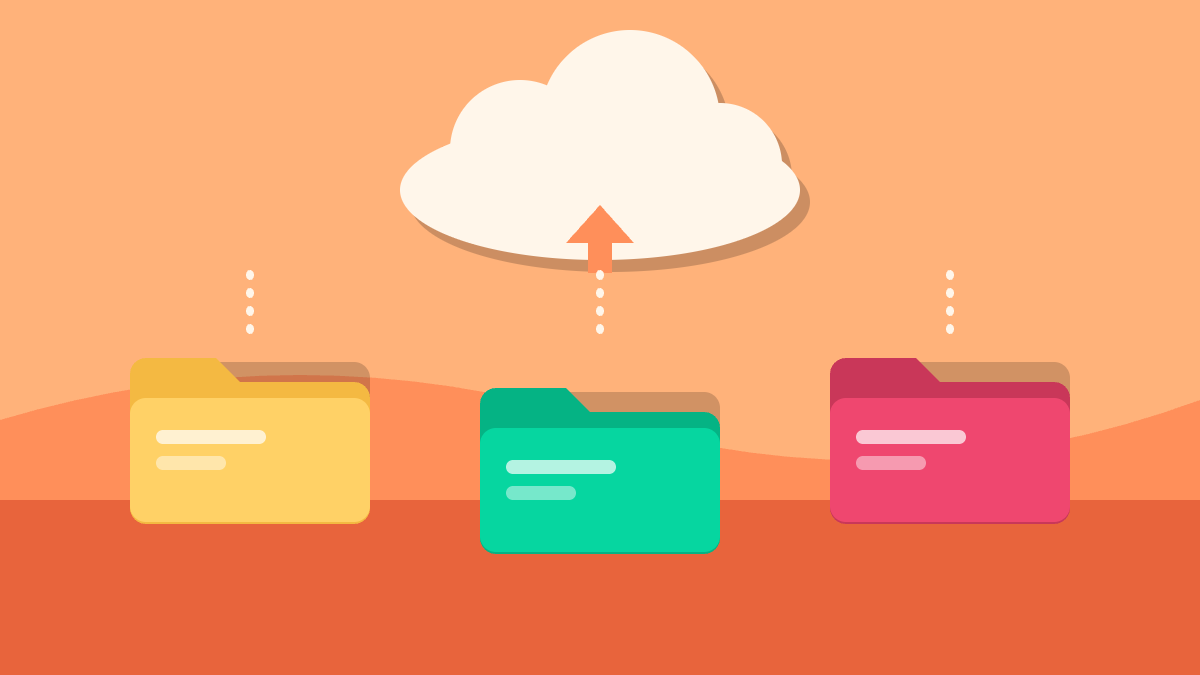 Yellow, green and pink folders with dotted lines rising to a cream cloud with an upload arrow on an orange paper-cut background