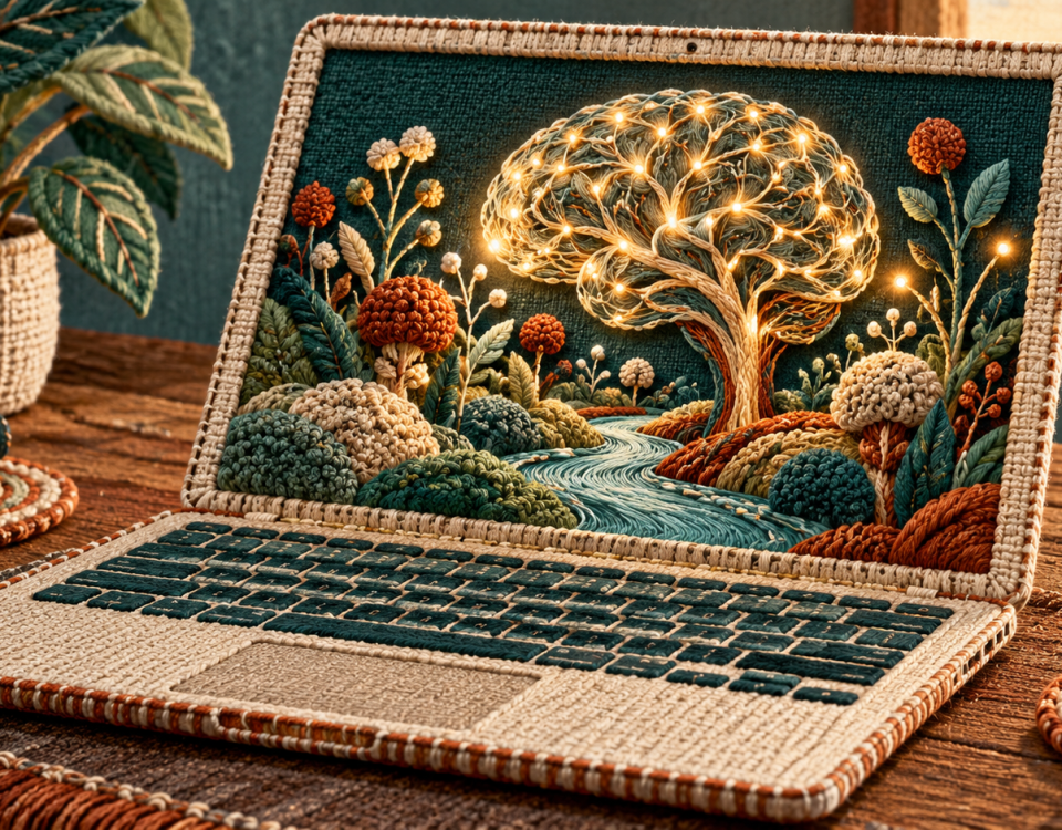 Teal and cream embroidered illustration of a laptop containing a glowing neural garden.