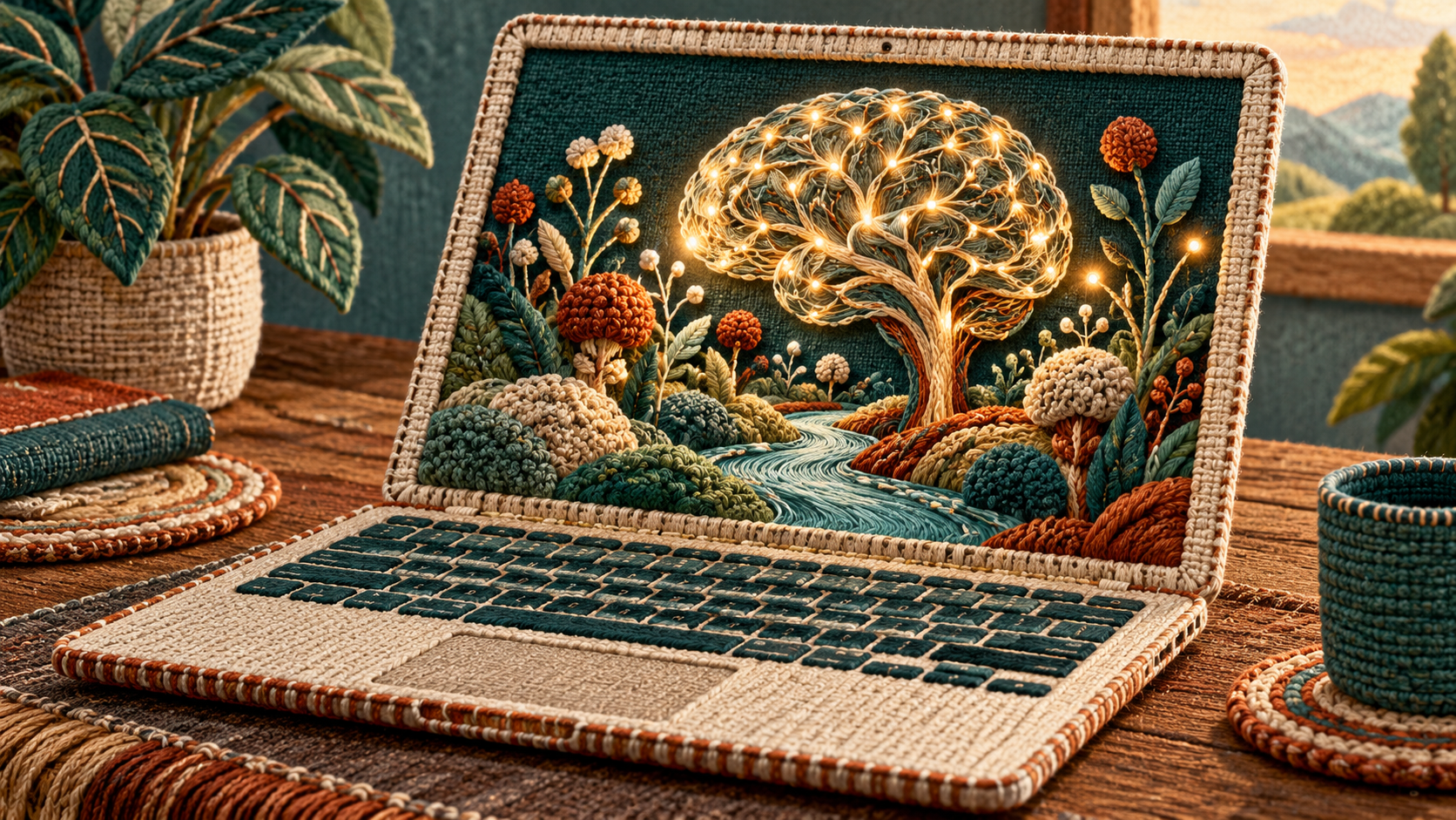 Teal and cream embroidered illustration of a laptop containing a glowing neural garden.