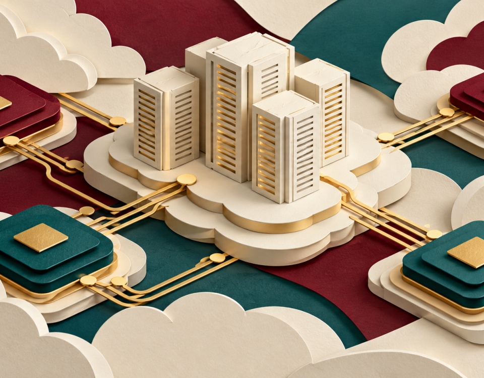 Layered paper servers linked to burgundy and teal accelerator tiles by gold circuit paths.