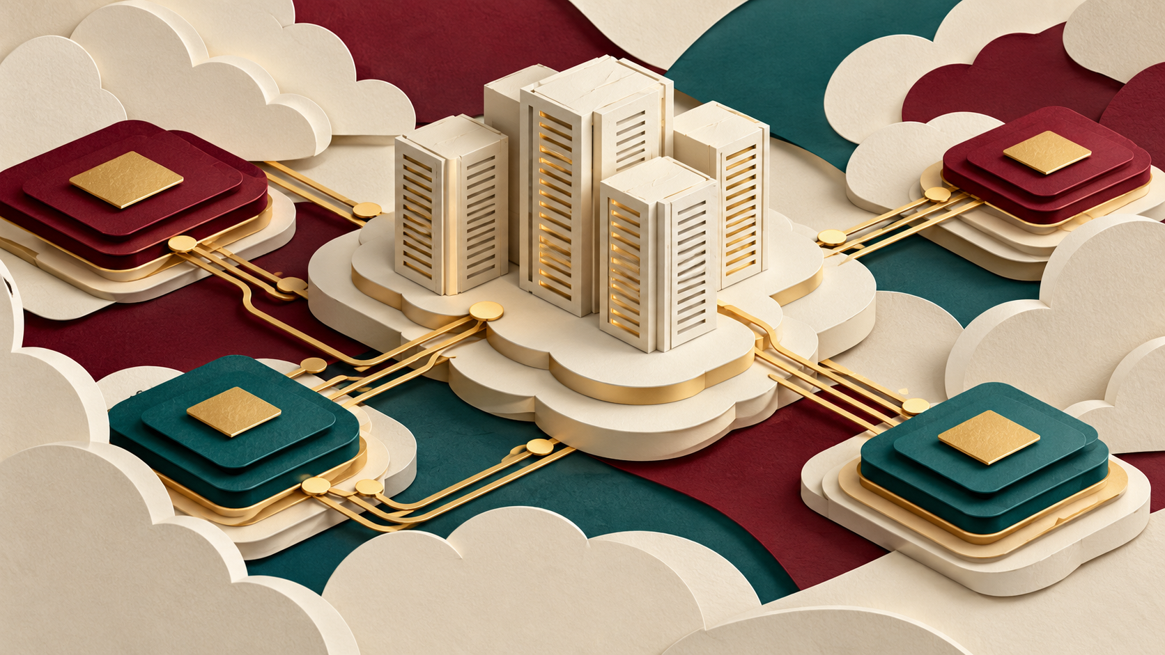 Layered paper servers linked to burgundy and teal accelerator tiles by gold circuit paths.