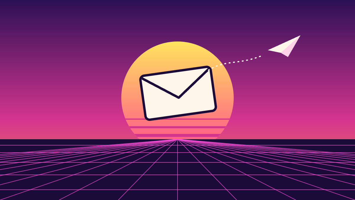 Cream envelope in front of a retro sunset over a neon magenta grid, with a paper plane flying away