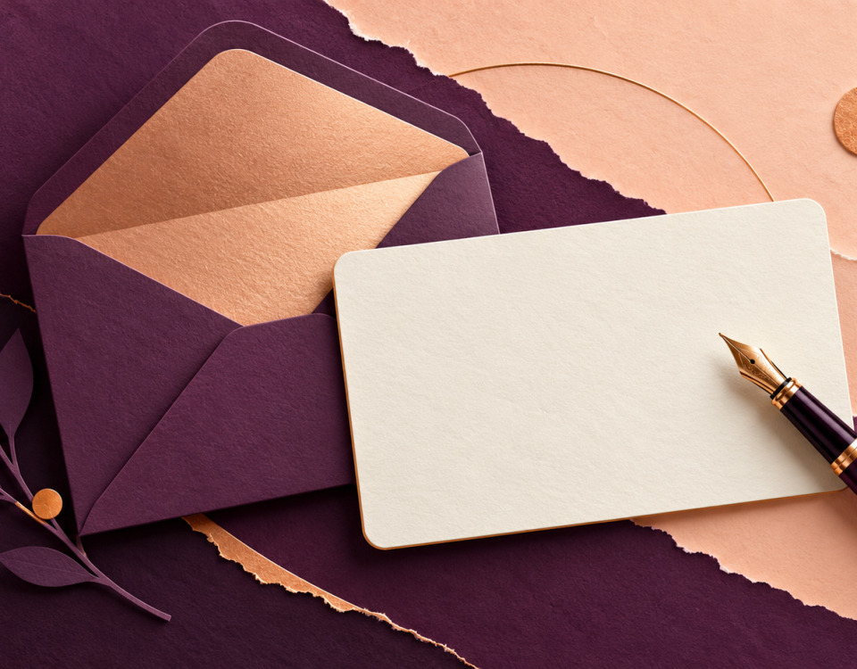 Plum and peach paper cut illustration of an envelope, blank contact card and fountain pen.