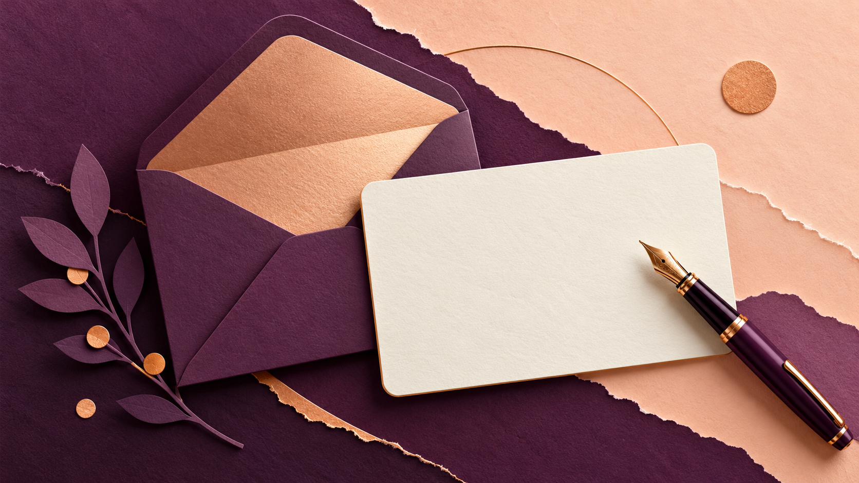 Plum and peach paper cut illustration of an envelope, blank contact card and fountain pen.
