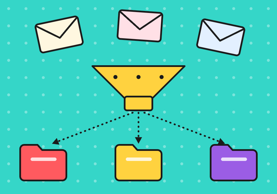 Three envelopes dropping through a yellow funnel into red, yellow and purple folders on a turquoise polka-dot background