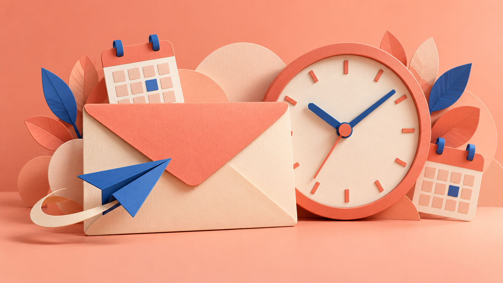 Coral paper illustration of an envelope, clock and calendar representing scheduled email.