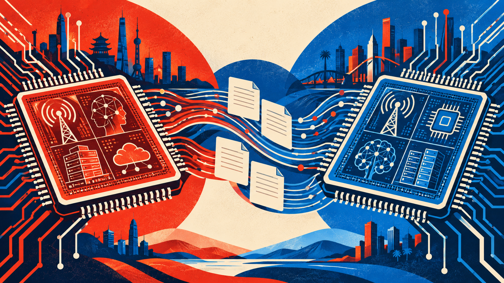 Conceptual blue and vermilion chip tiles linked by circuit paths and patent documents.