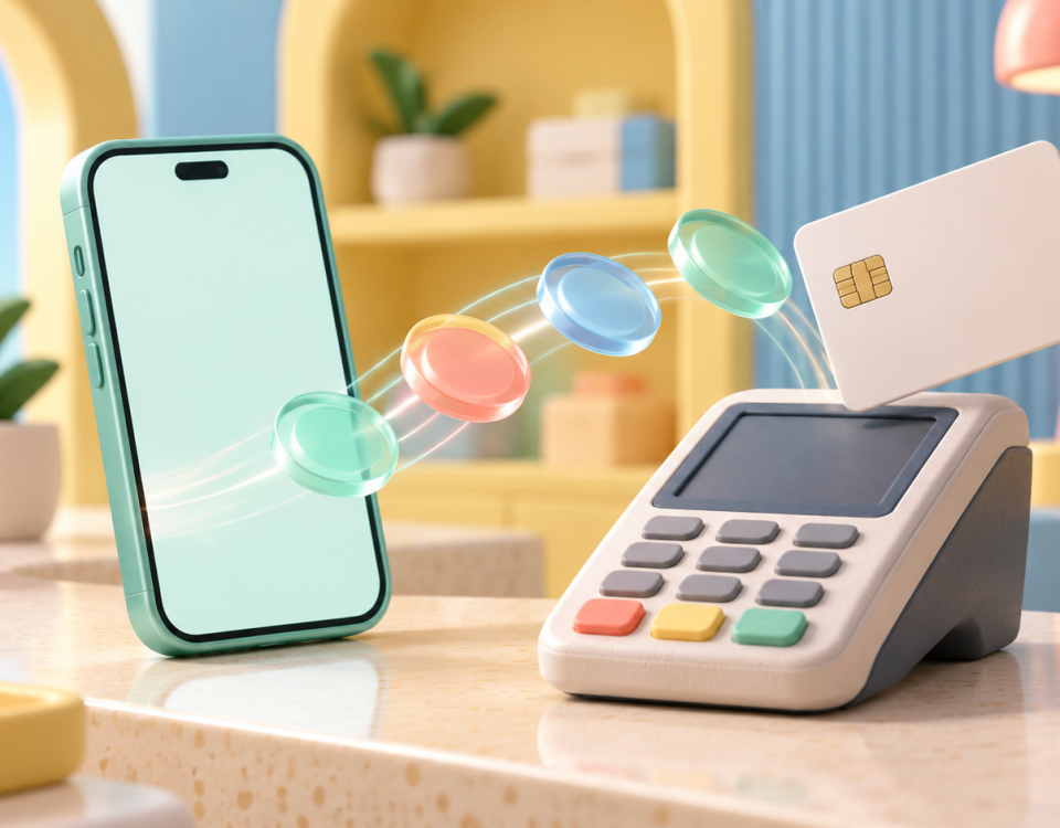 Clay illustration of a smartphone, payment terminal and blank card with abstract transaction tokens.
