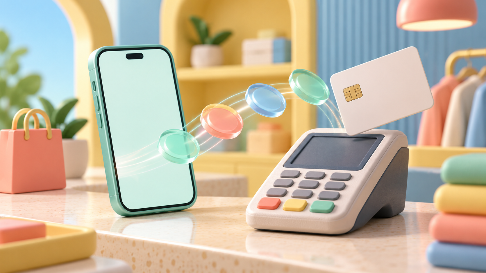 Clay illustration of a smartphone, payment terminal and blank card with abstract transaction tokens.