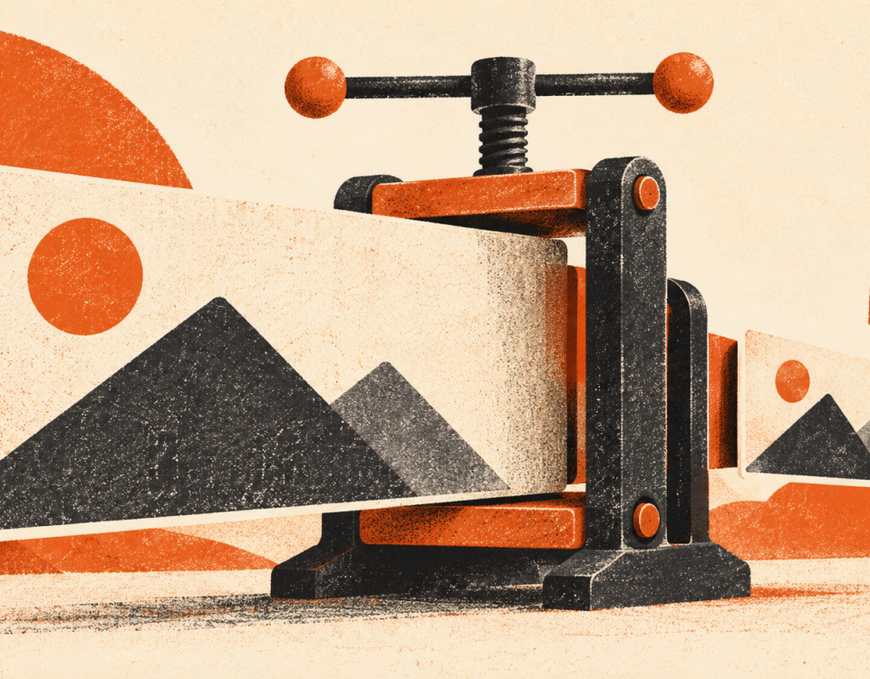 Orange and charcoal risograph illustration of a picture card passing through a press and emerging smaller.