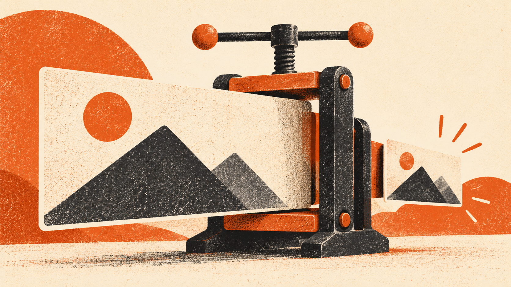 Orange and charcoal risograph illustration of a picture card passing through a press and emerging smaller.