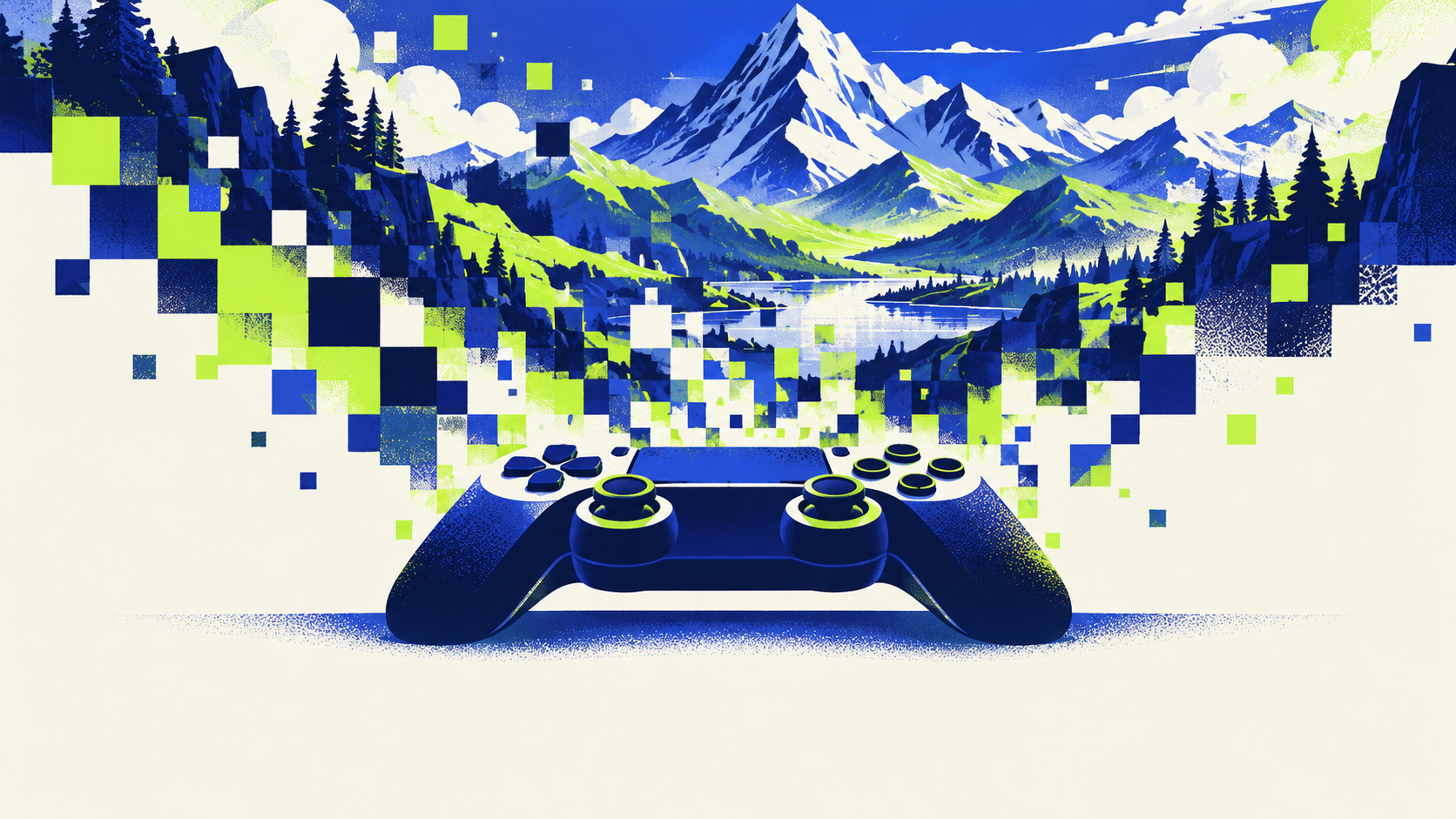 Indigo and lime illustrated controller beneath pixels forming a mountain landscape; conceptual graphics artwork.