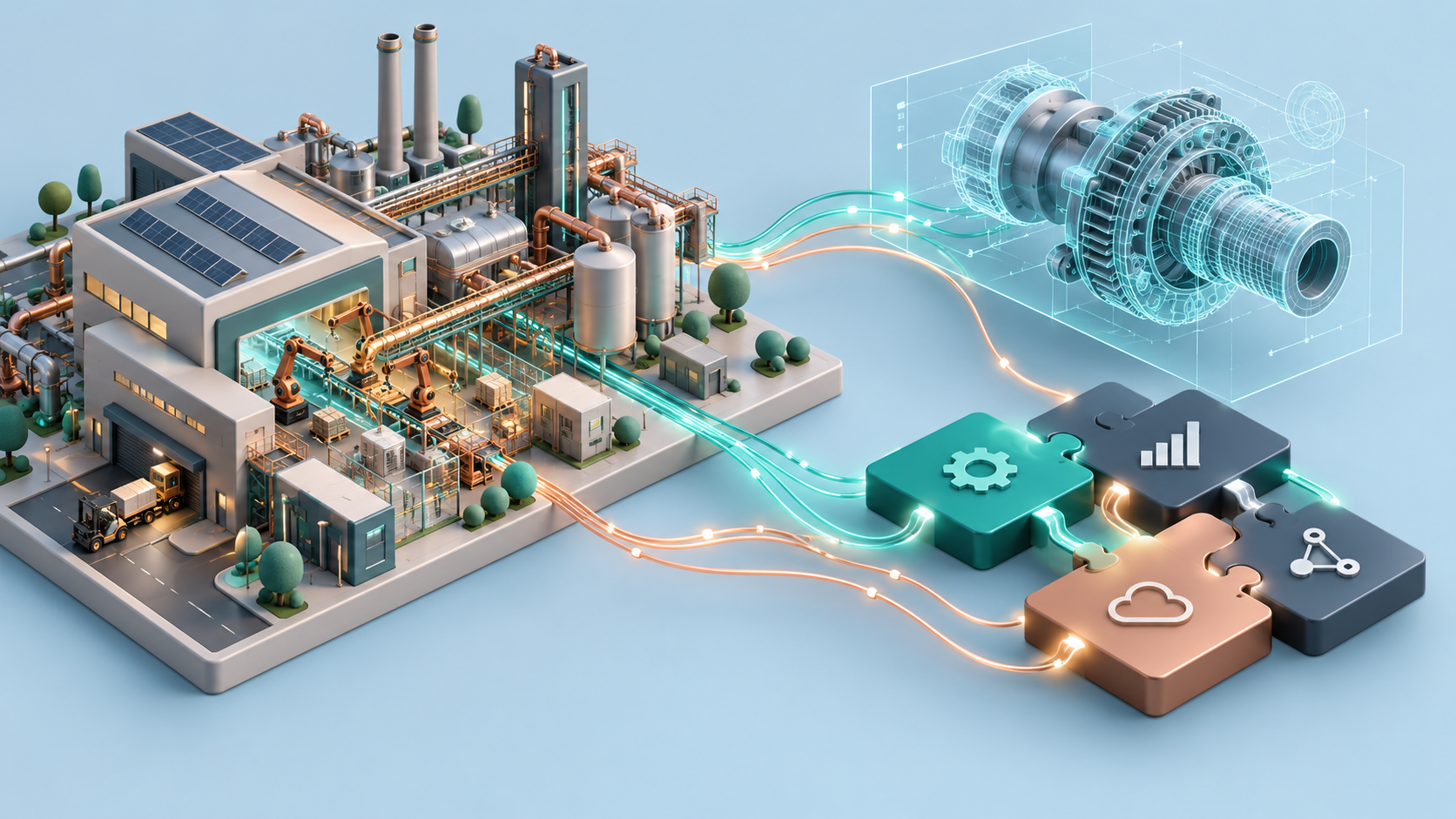 Isometric teal and copper factory connected to conceptual CAD and software modules.