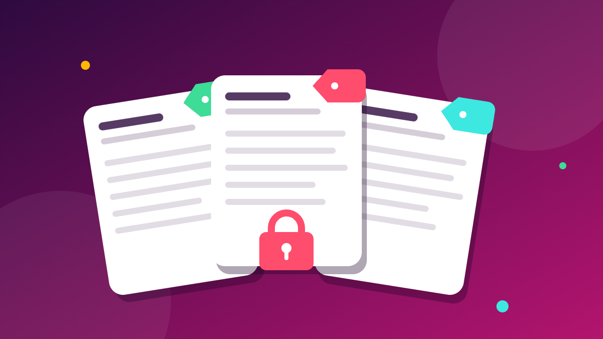 Three document cards with green, red and cyan label tags and a red padlock on a wine-to-magenta background