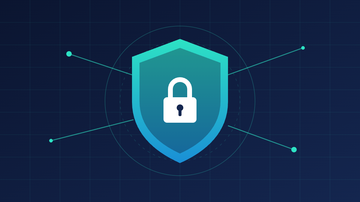 Teal shield with a padlock on a dark navy grid background