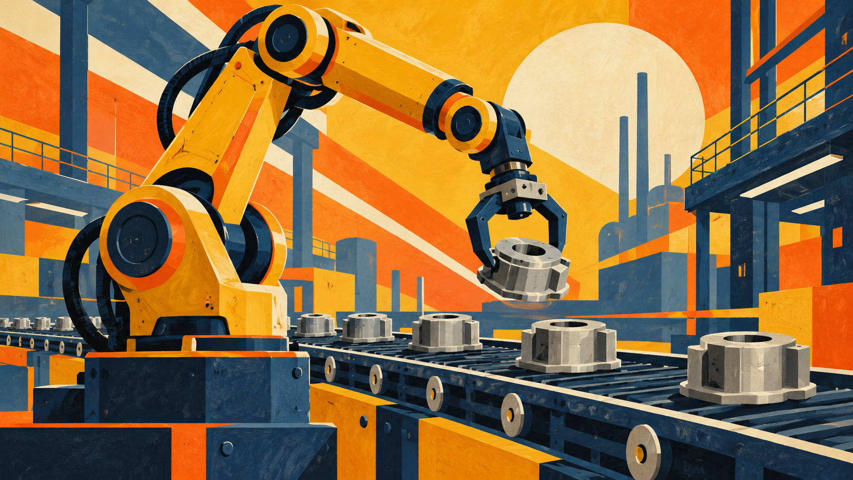 Gouache illustration of a generic industrial robot and conveyor in mustard, orange and navy.