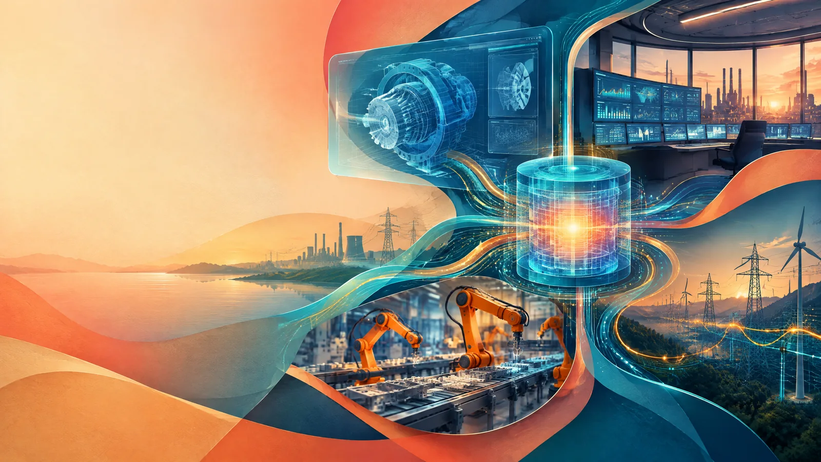Abstract industrial digital thread connecting engineering design, automation, energy systems, and data