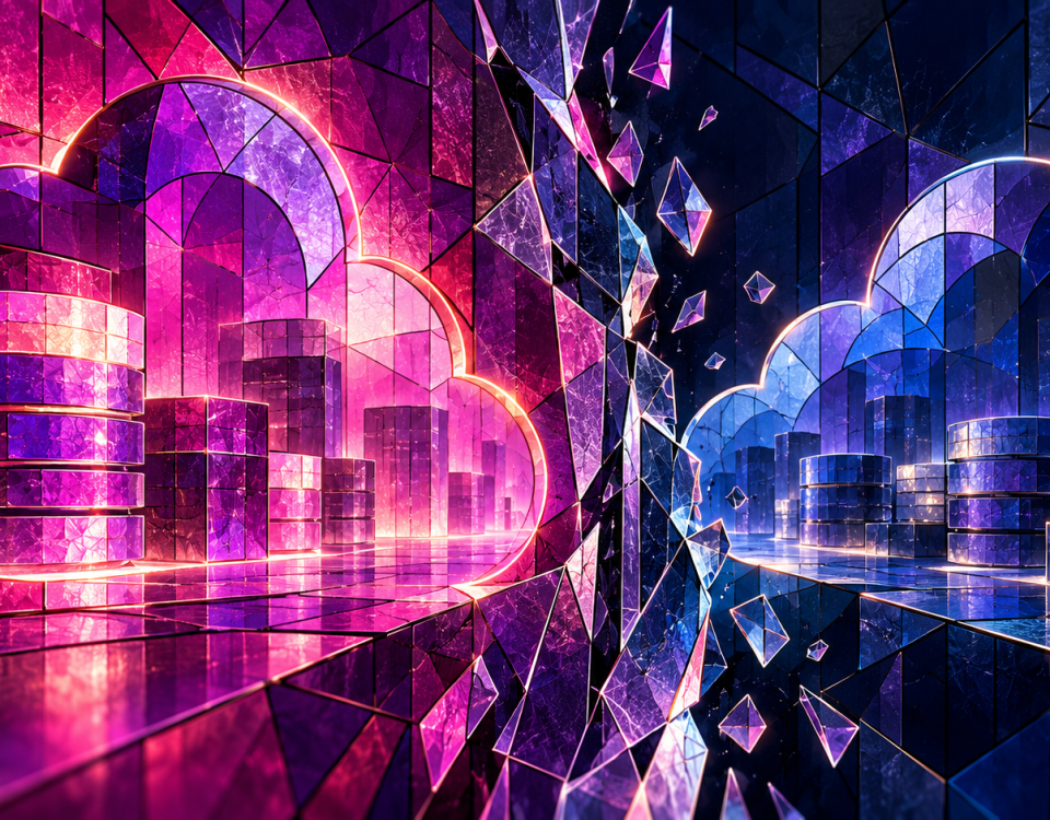 Magenta and navy stained-glass illustration of cloud cache chambers divided by a fractured partition.