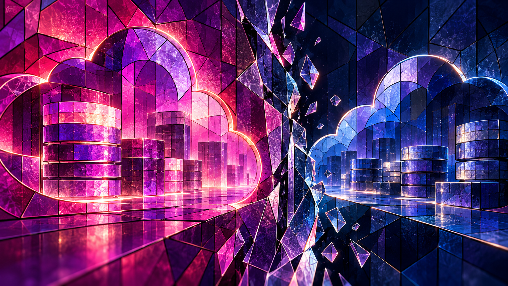 Magenta and navy stained-glass illustration of cloud cache chambers divided by a fractured partition.