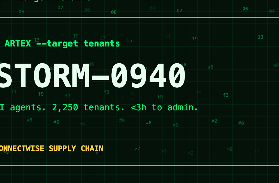 Green terminal-style graphic reading Storm-0940, AI agents, 2,250 tenants, under 3 hours to admin