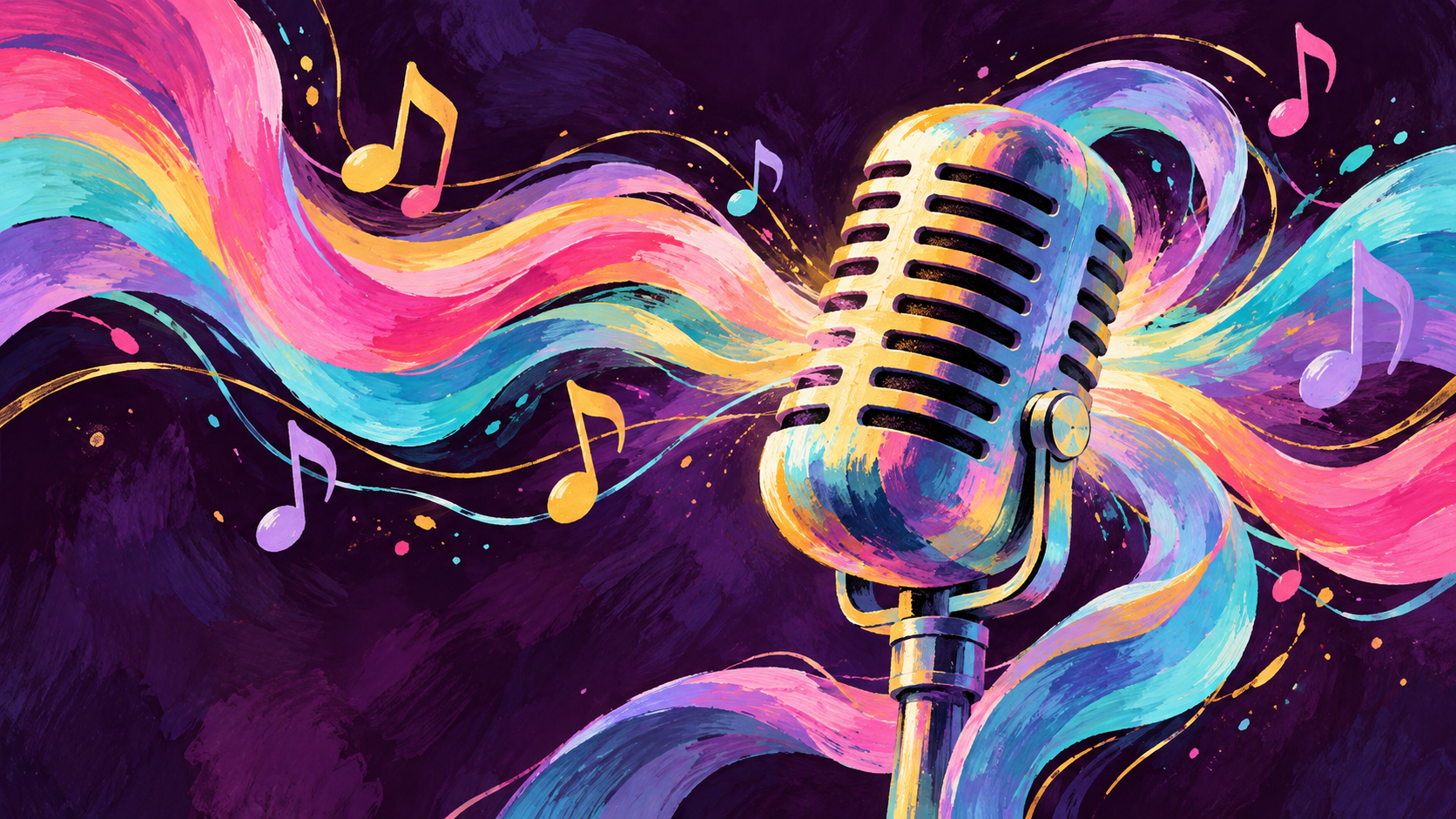 Gouache-style illustration of a microphone surrounded by colorful sound ribbons and musical notes.