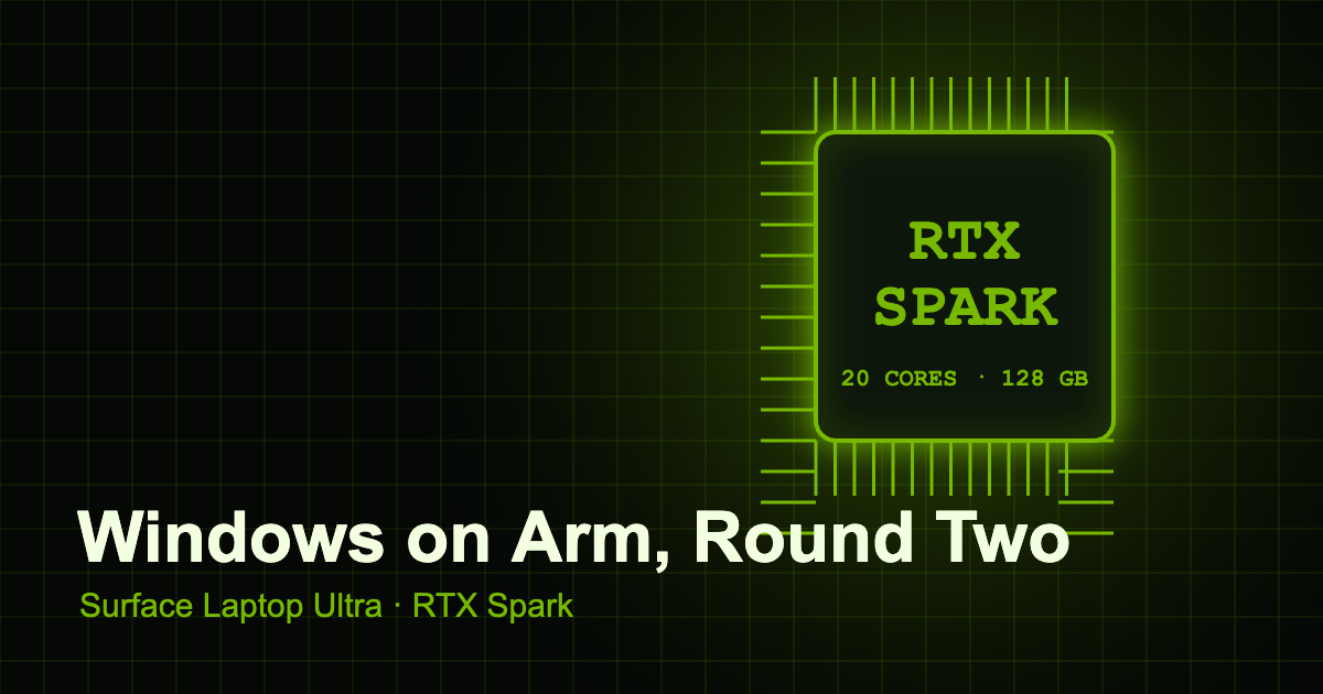 Illustration of a glowing green processor chip labeled RTX Spark on a dark circuit-board grid