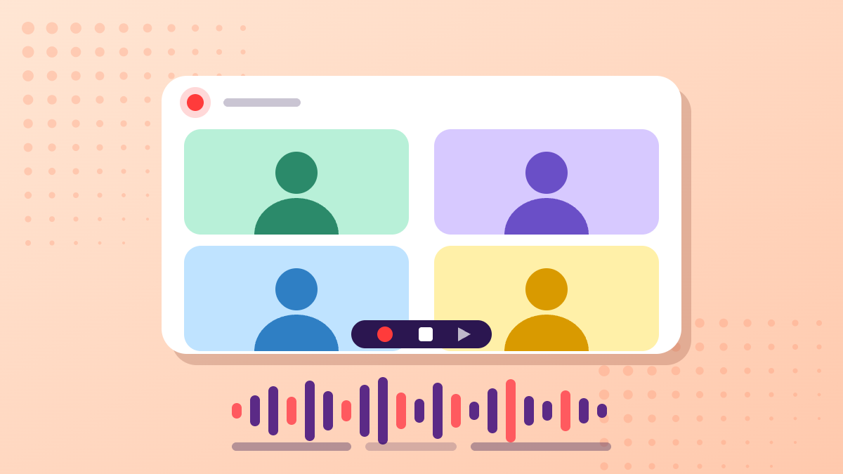 Teams-style meeting window with four colorful participant tiles, a record control bar and an audio waveform on a peach background