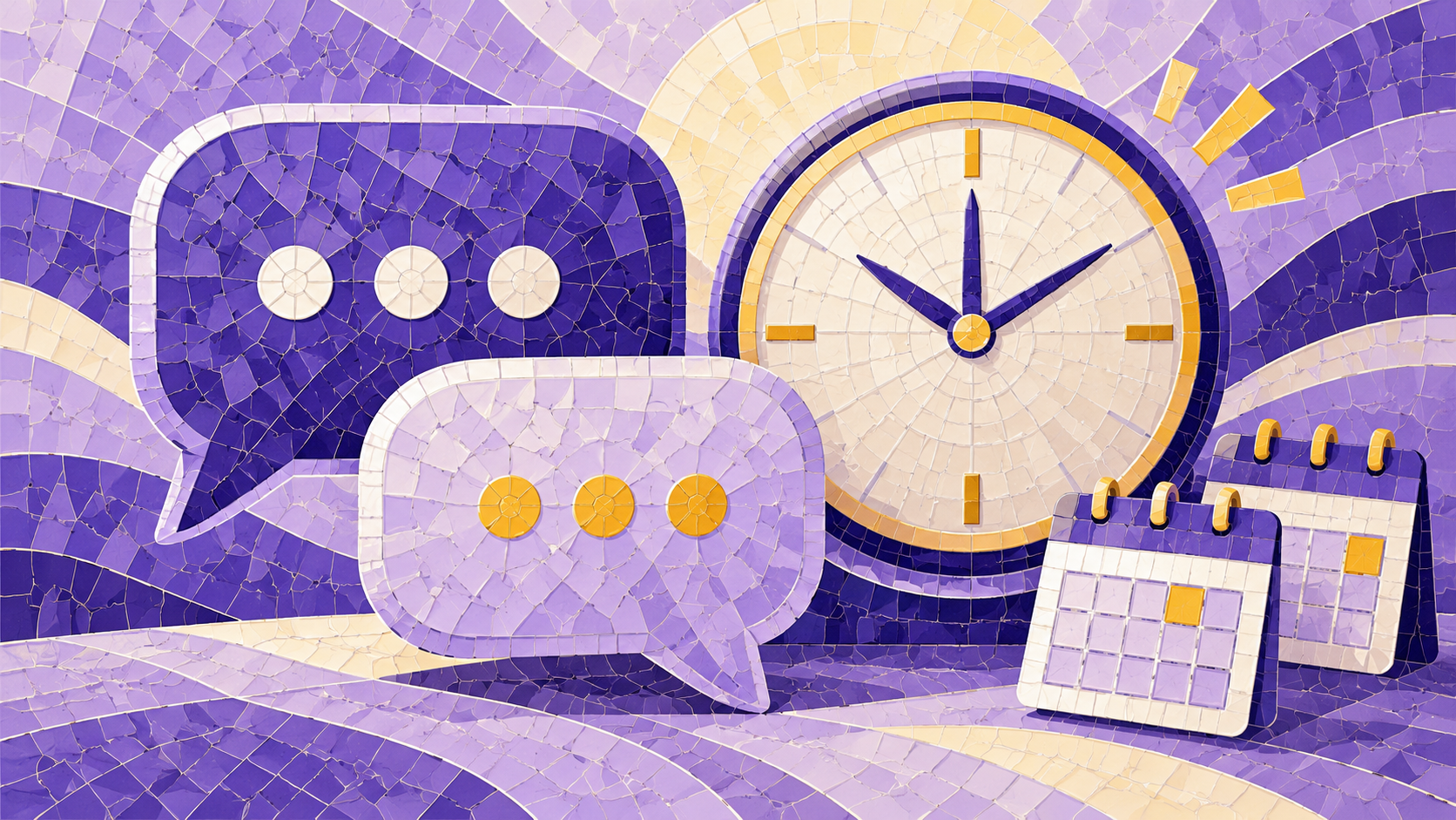 Lilac and violet mosaic illustration of speech bubbles, a clock and calendars representing scheduled chat messages.