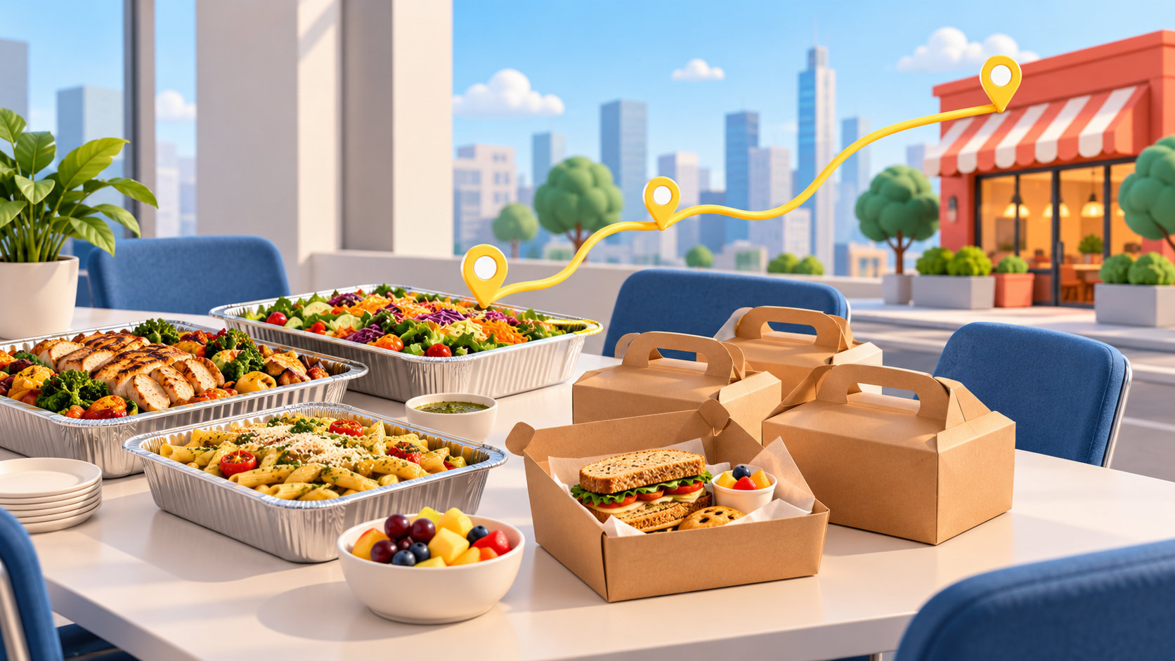 Clay illustration of workplace catering trays, lunch boxes and a restaurant linked by a delivery route.
