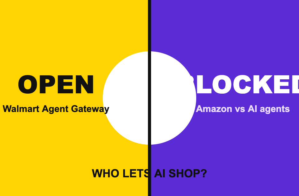 Split yellow and purple graphic contrasting Walmart Agent Gateway open versus Amazon blocked for AI shopping agents