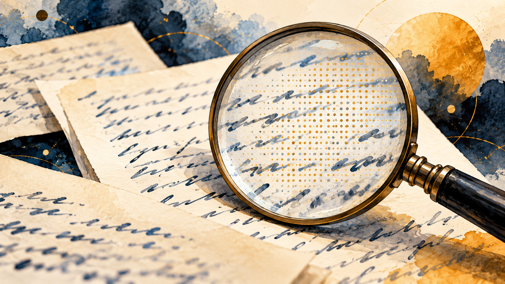 Watercolor documents beneath a magnifying lens revealing a conceptual dotted text provenance pattern.