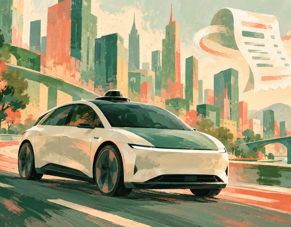 Sage and coral gouache illustration of an unbranded autonomous car in a city with an abstract receipt motif.