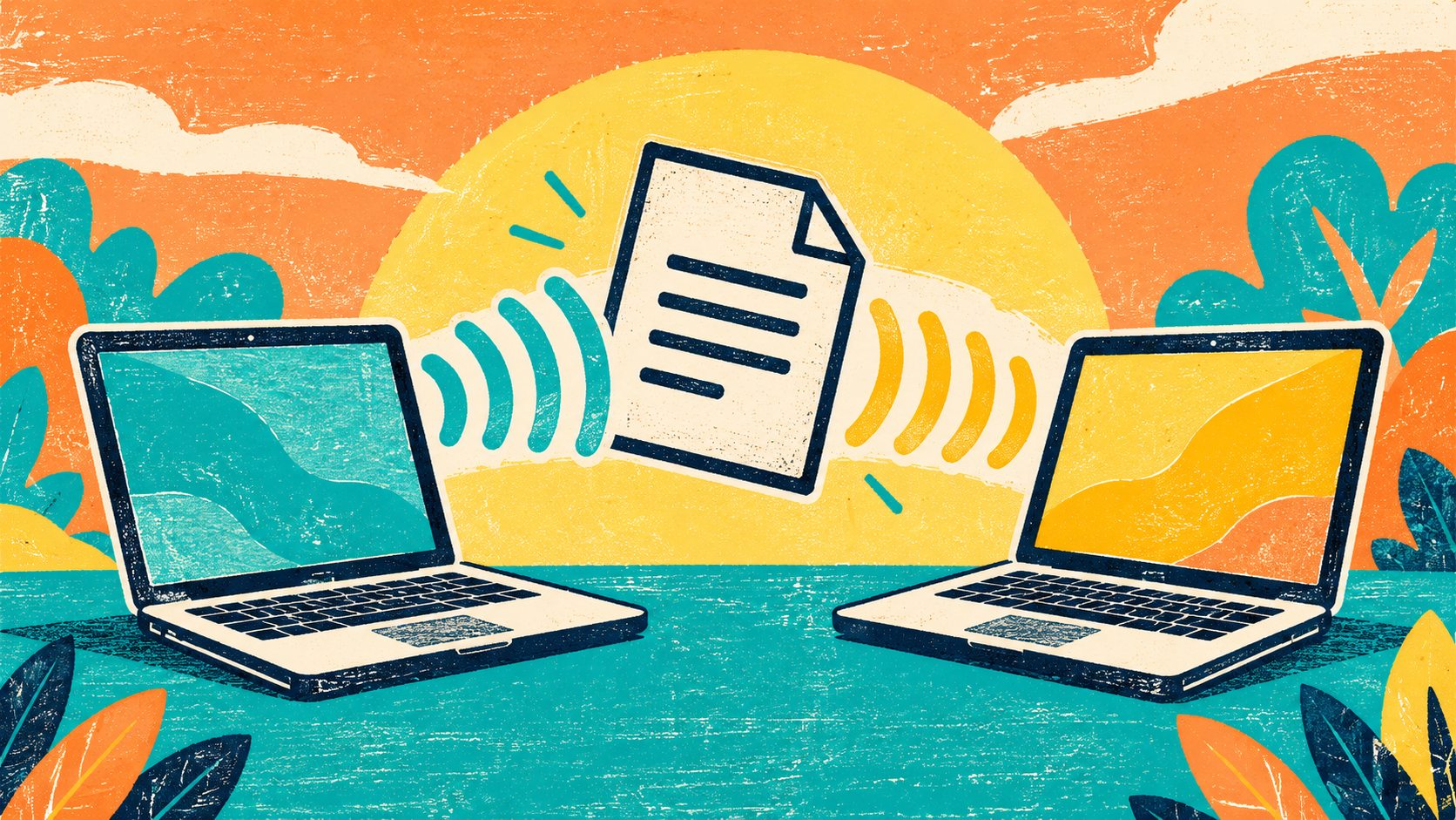Apricot and turquoise print illustration of two laptops exchanging a document across wireless waves.
