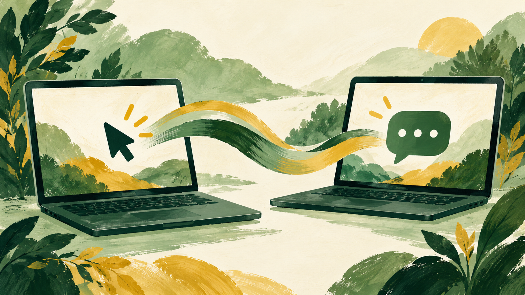 Green and yellow painted illustration of two laptops connected by a ribbon, with cursor and chat symbols.