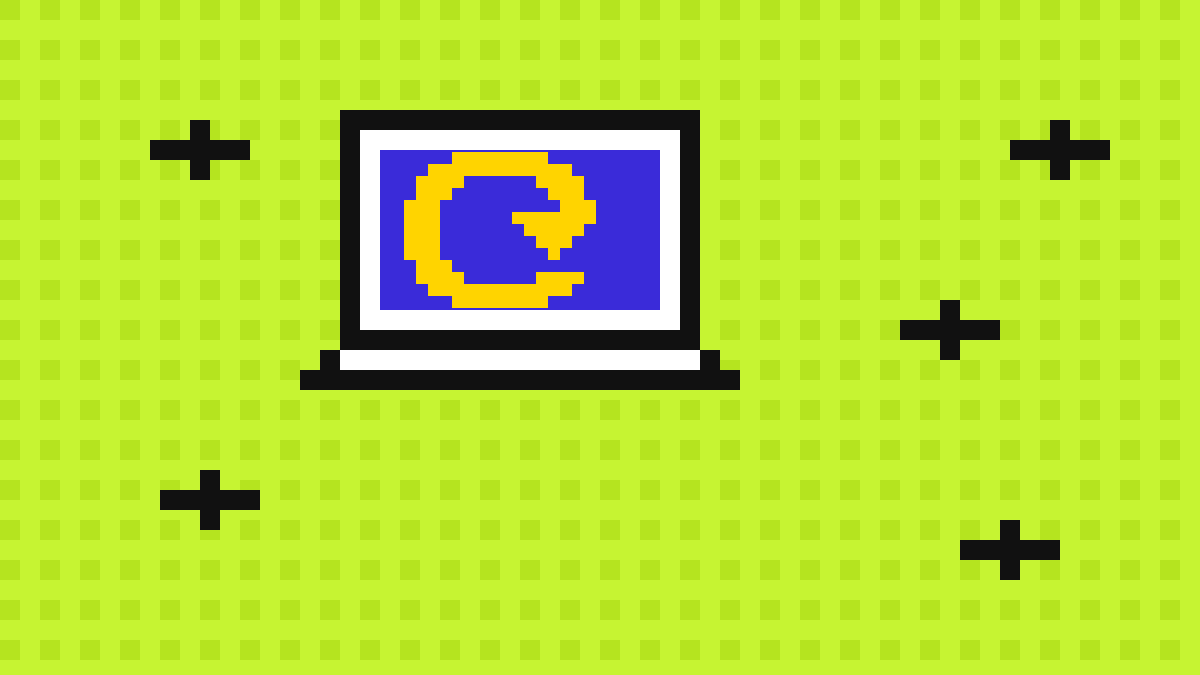 Pixel-art laptop with a yellow circular reset arrow on a lime green pixel grid background