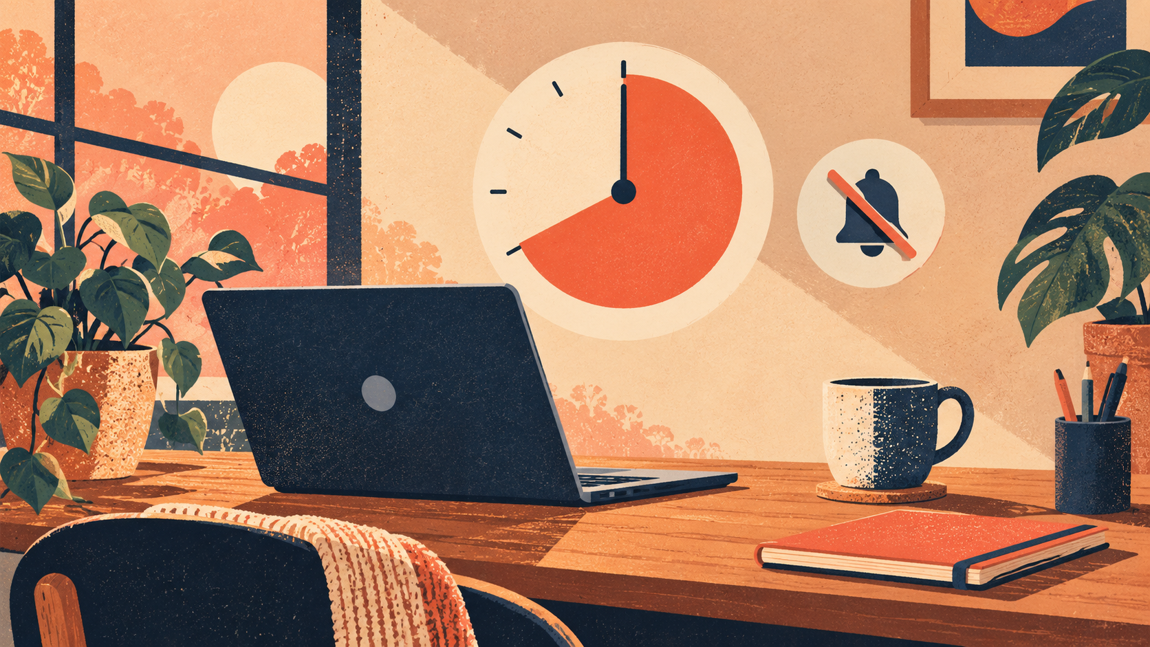 Coral and navy screen print illustration of a quiet desk, laptop, timer and muted notification bell.