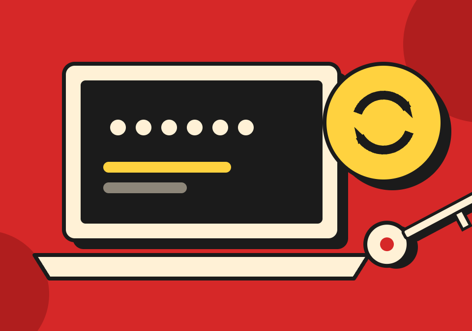 Cream laptop showing masked password dots beside a yellow rotating-arrows badge and a key on a bold red background