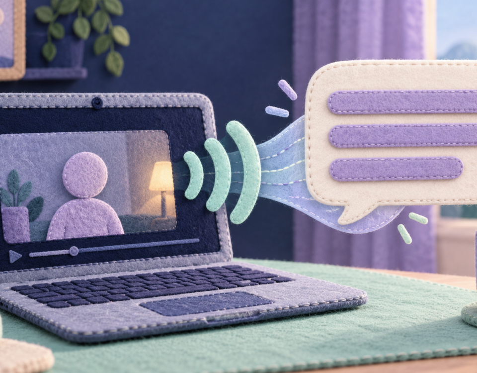 Mint and lilac felt illustration of a laptop with sound waves becoming caption strips in a speech bubble.