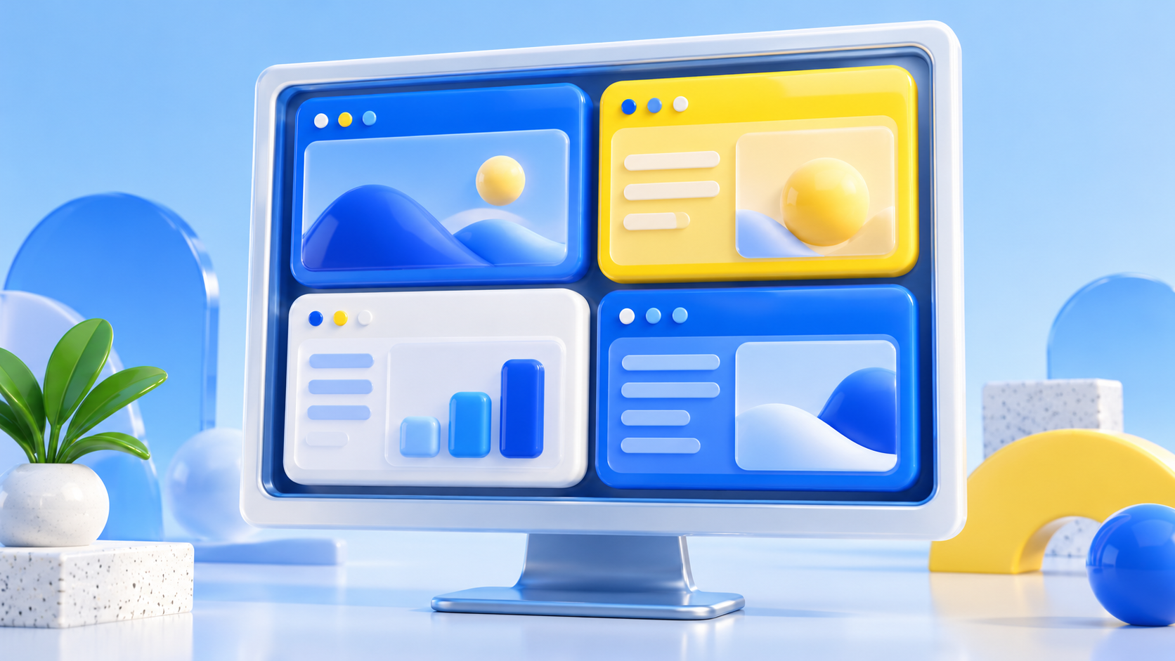 Blue, yellow and white application tiles arranged in a monitor frame in a stylized three-dimensional illustration.