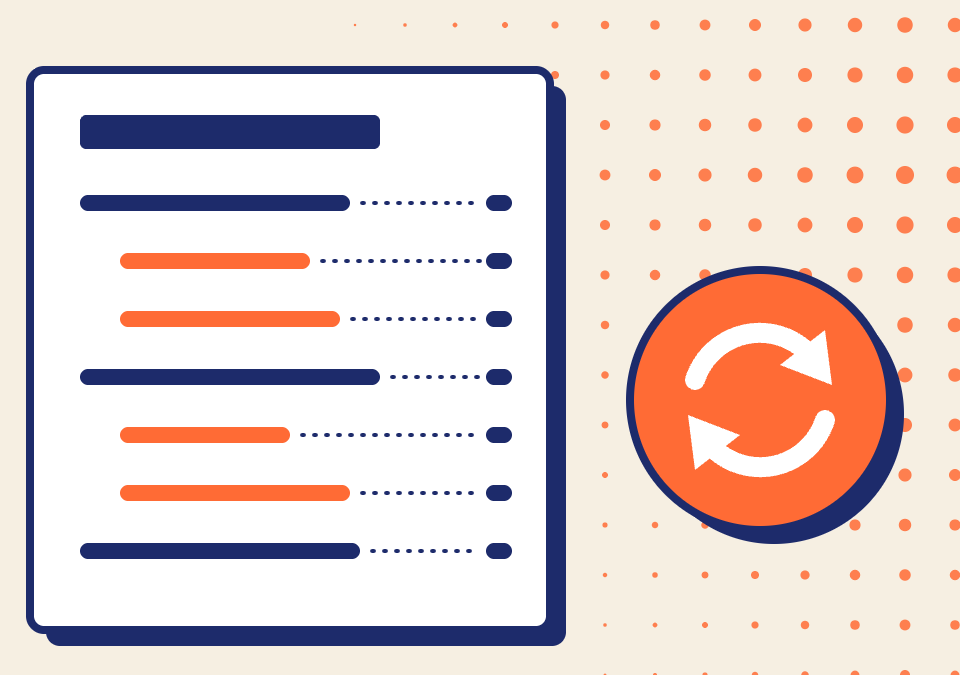White document with a navy and orange table of contents and an orange refresh badge on a cream halftone background